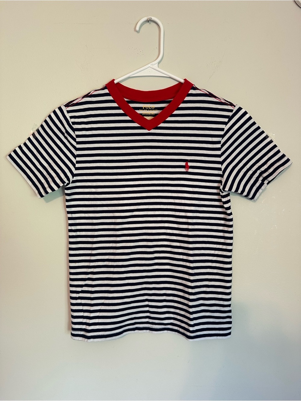 Ralph Lauren Navy and White Striped V-Neck Tee with Red Trim